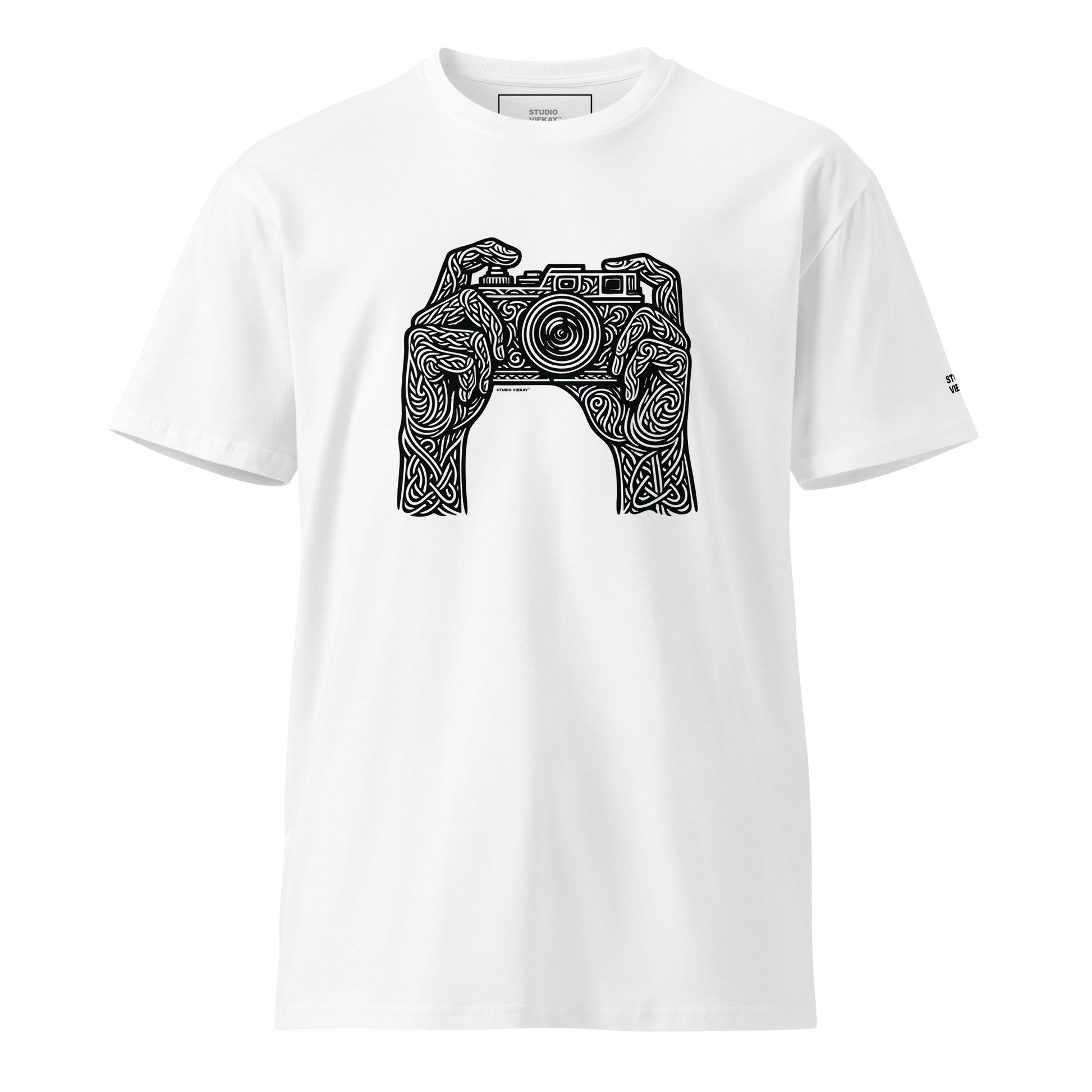 Front comp of the Studio Viekay Camera Engraved Art Tee showing the carved camera illustration in high contrast black and white linework