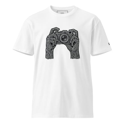 Front comp of the Studio Viekay Camera Engraved Art Tee showing the carved camera illustration in high contrast black and white linework