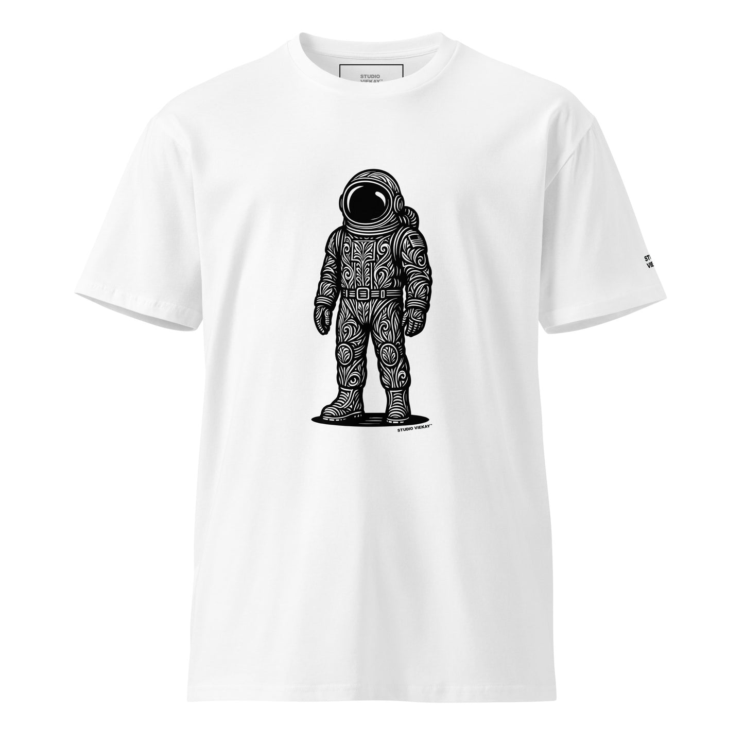 Front comp of the Studio Viekay Astronaut Engraved Art Tee showing the carved astronaut illustration in high contrast black and white linework