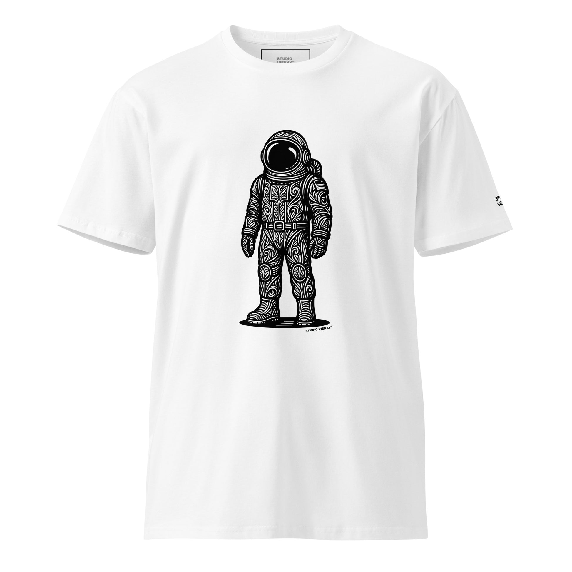 Front comp of the Studio Viekay Astronaut Engraved Art Tee showing the carved astronaut illustration in high contrast black and white linework