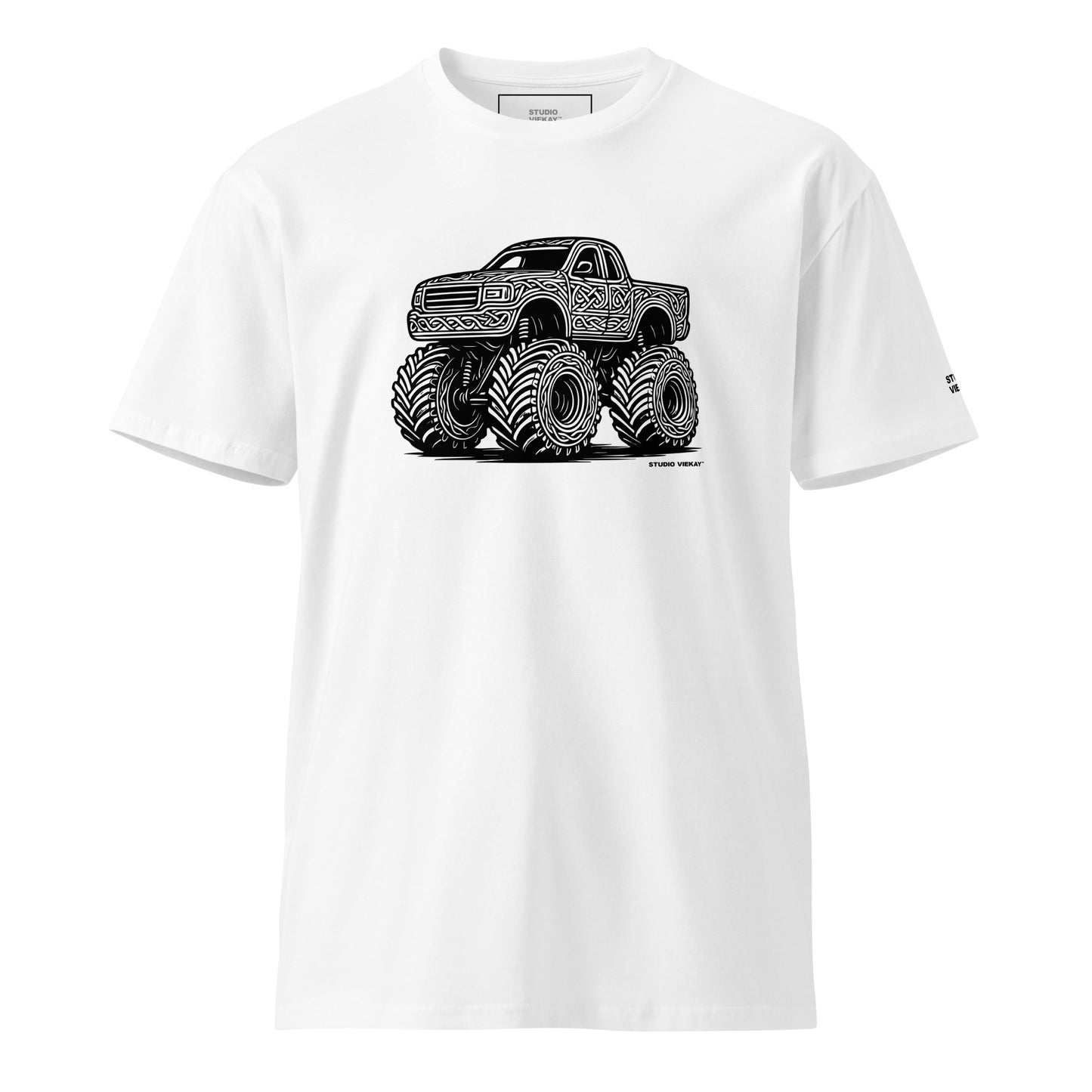 Front comp of the Studio Viekay Monster Truck Engraved Art Tee showing the carved monster truck artwork in high contrast black and white linework
