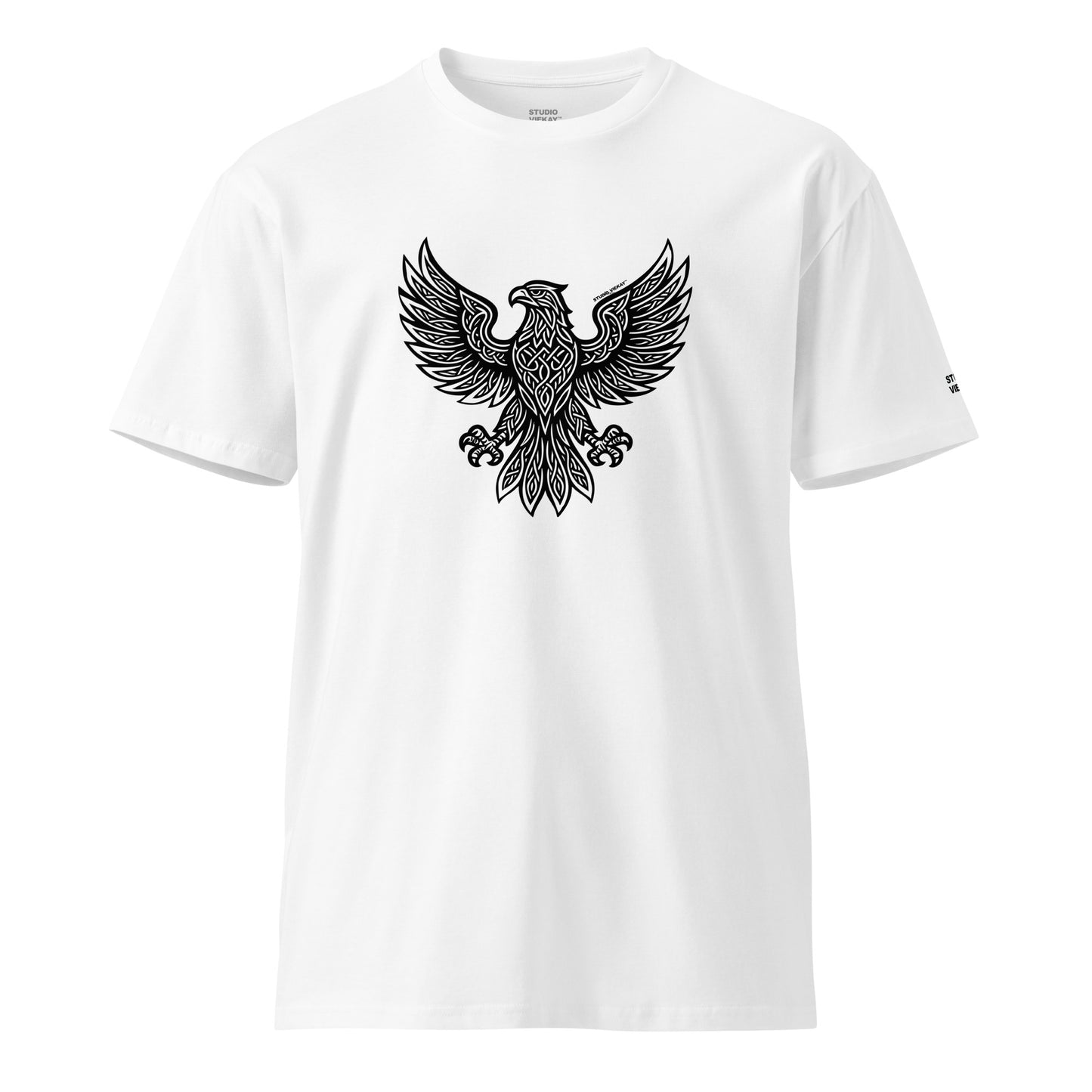 Front comp of the Studio Viekay Eagle Engraved Art Tee showing the carved eagle illustration in high contrast black and white linework