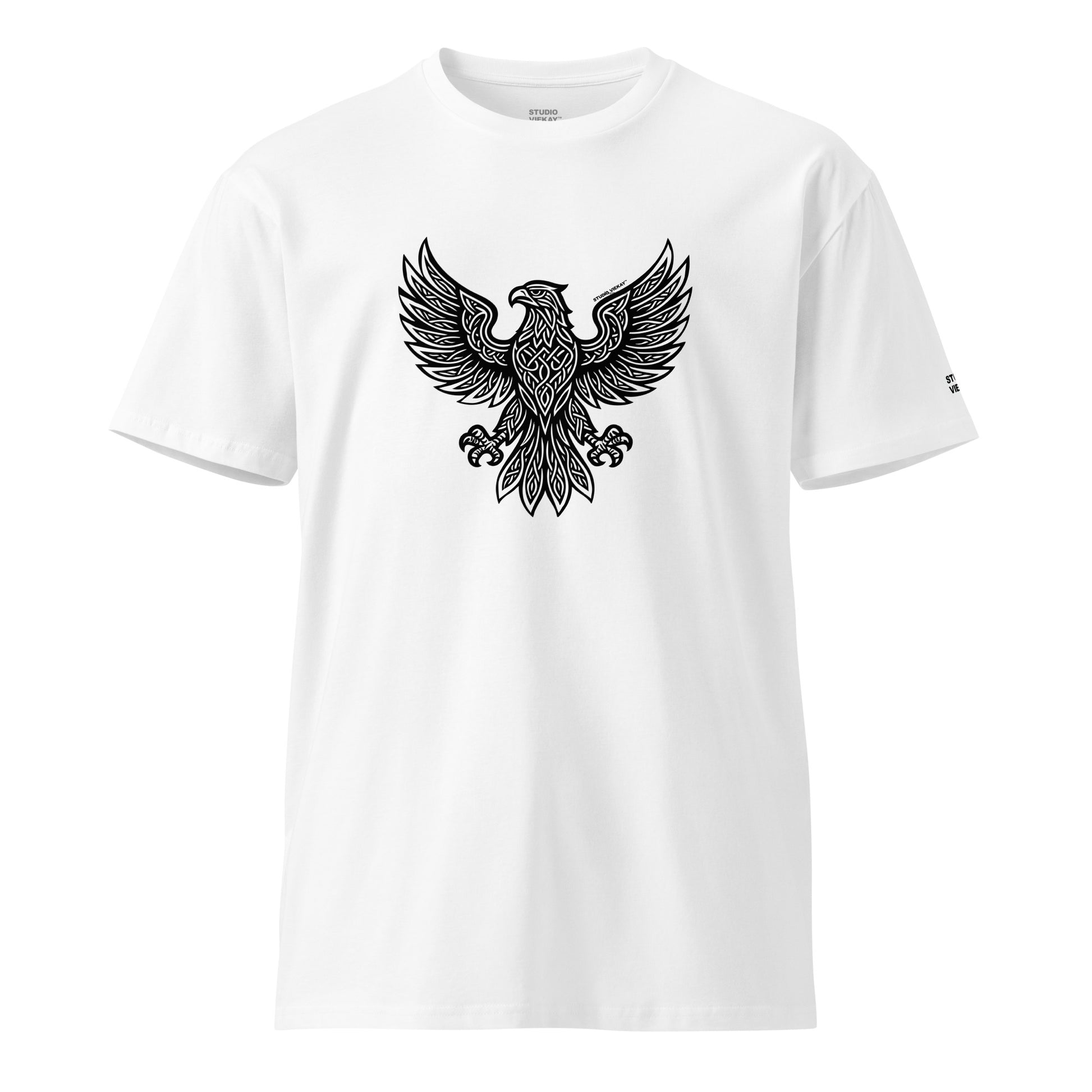 Front comp of the Studio Viekay Eagle Engraved Art Tee showing the carved eagle illustration in high contrast black and white linework