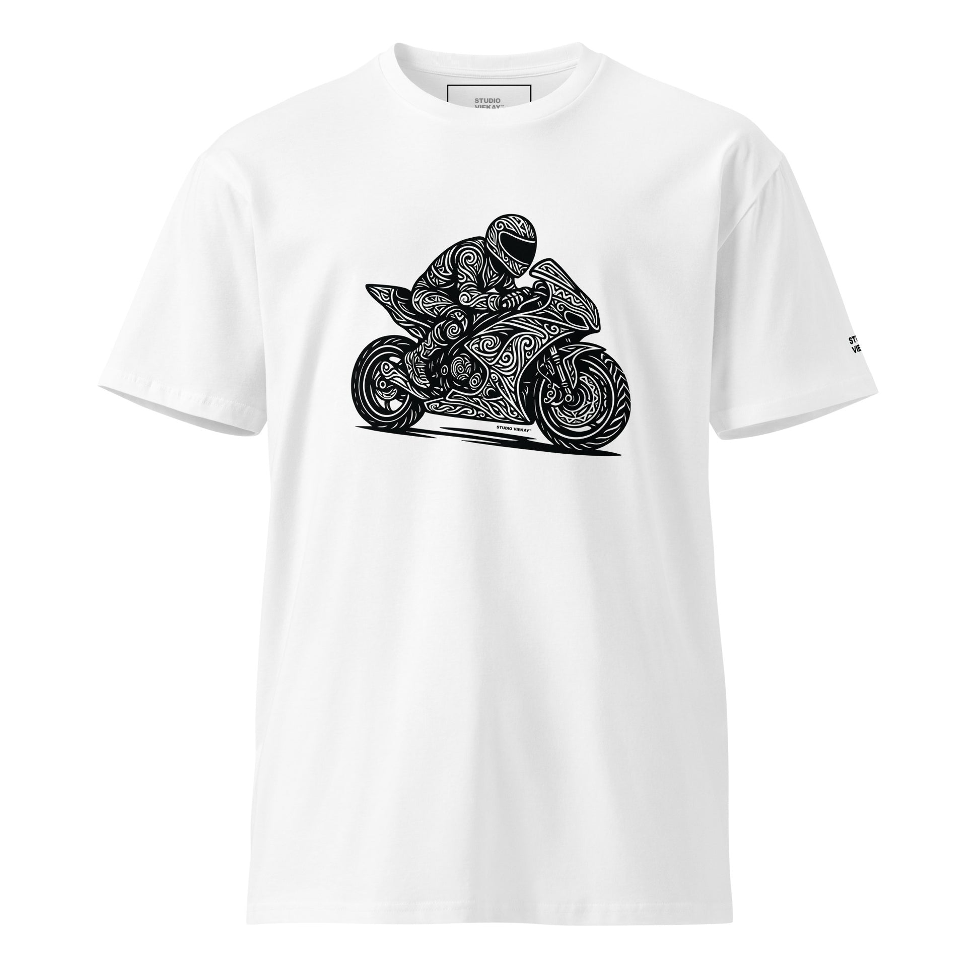 Front view of the Studio Viekay Motorcycle Engraved Art Tee with bold carved motorcycle artwork in clean black and white linework