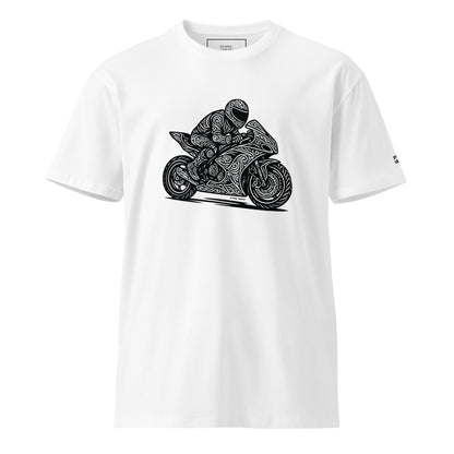 Front view of the Studio Viekay Motorcycle Engraved Art Tee with bold carved motorcycle artwork in clean black and white linework