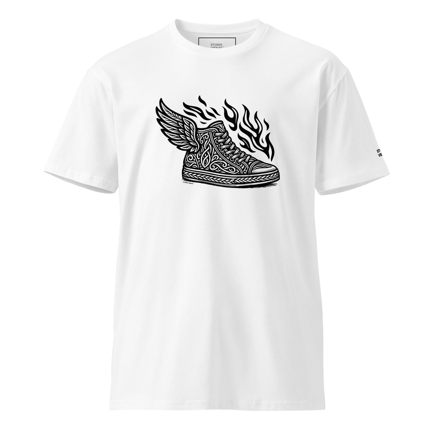 Front view of the Studio Viekay Flaming Sneaker Engraved Art Tee with bold carved flaming sneaker artwork in clean black and white linework