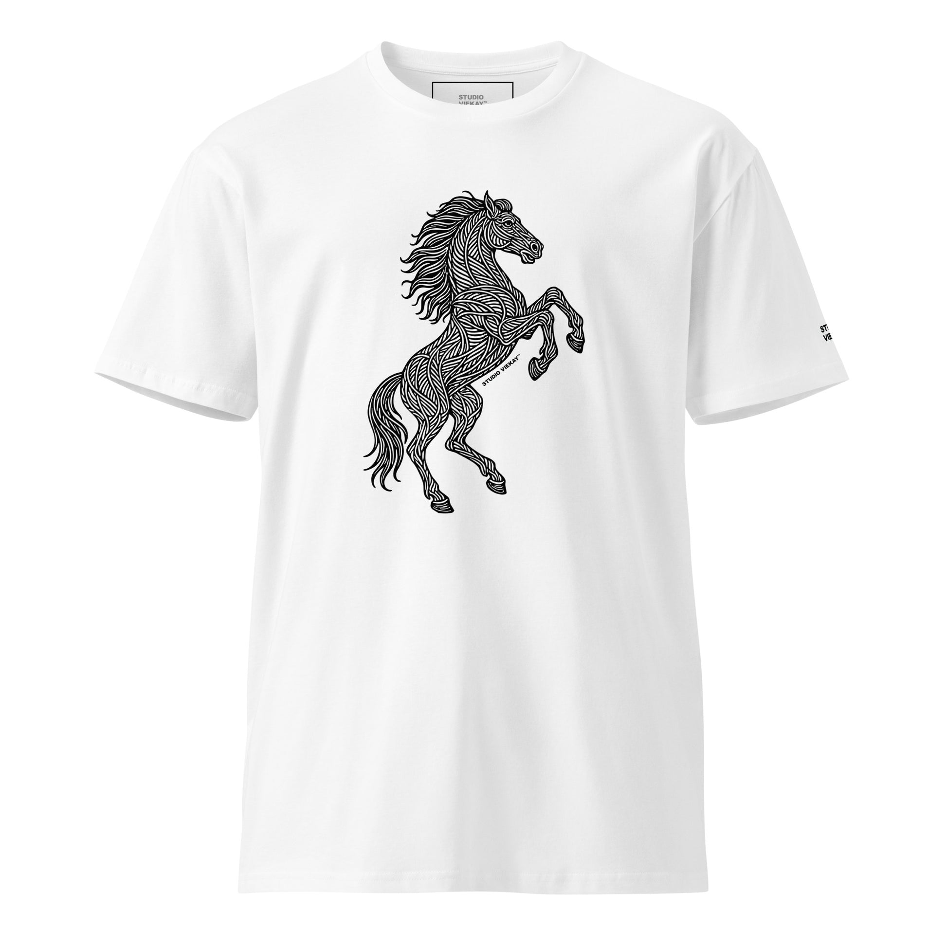 Front View of the Studio Viekay Stallion Engraved Art Tee with bold carved stallion artwork in clean black and white linework