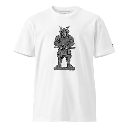 Front view of Studio Viekay Samurai Engraved Art Tee with bold carved samurai artwork on the chest in clean black and white linework