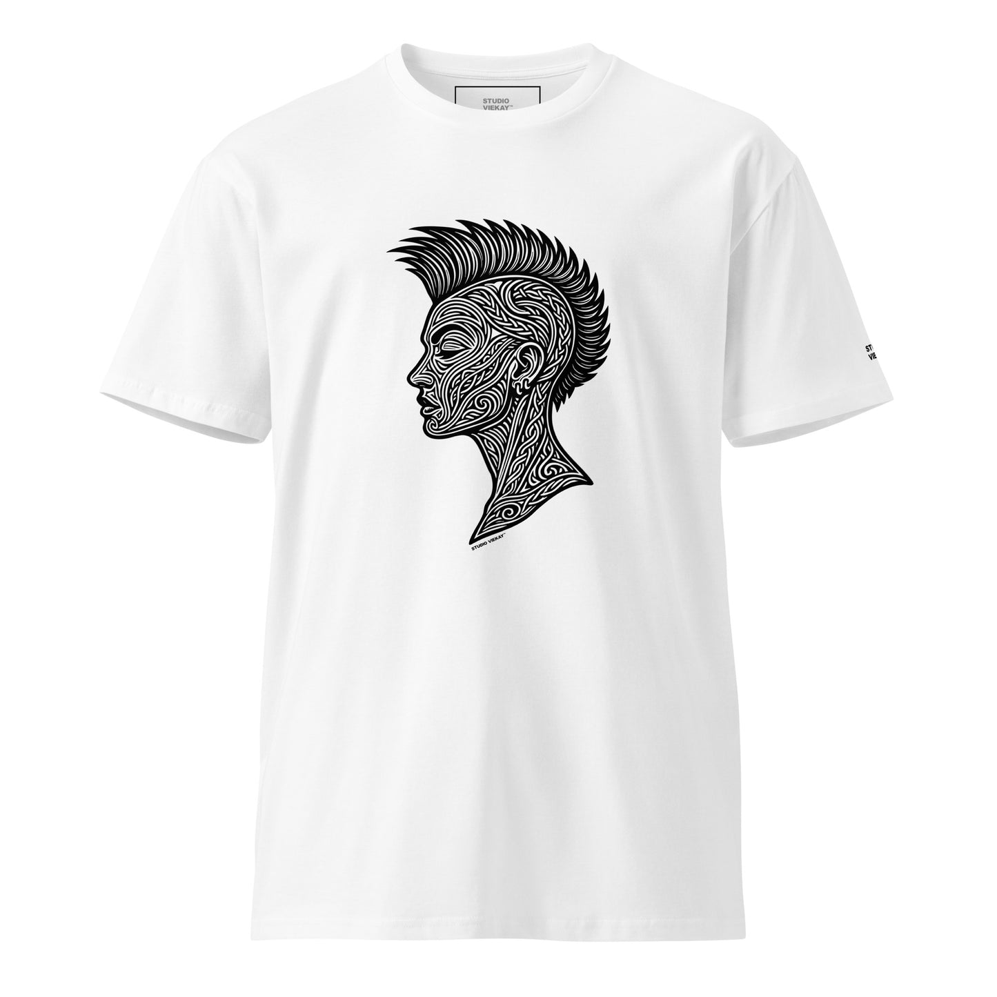 Front of Women’s Punk Head Engraved Art Standard Tee showing carved punk portrait linework