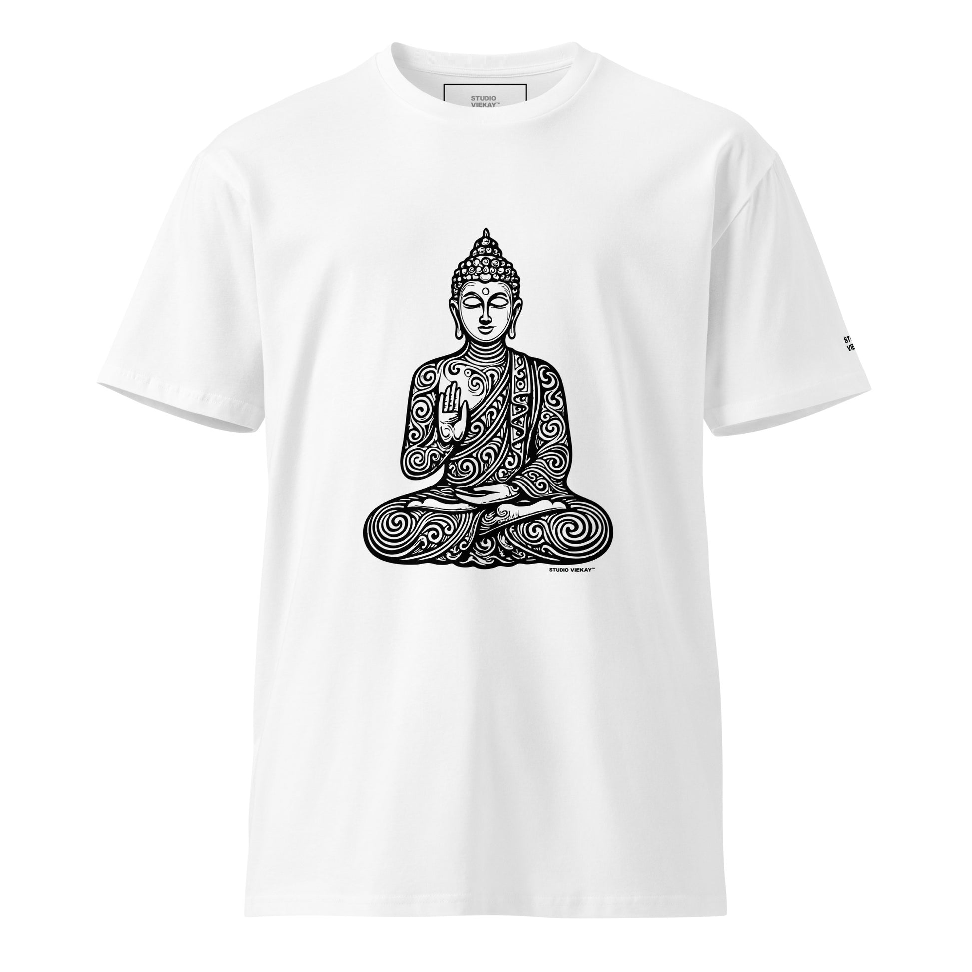 Front of Women’s Budha Engraved Art Standard Tee showing carved budha linework