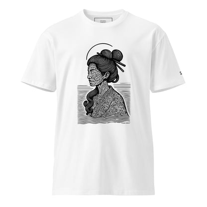 Front of Women’s Geisha Engraved Art Standard Tee showing carved geisha linework
