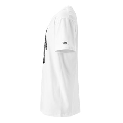 White standard fit tee left side view showing engraved robot artwork and logo placement