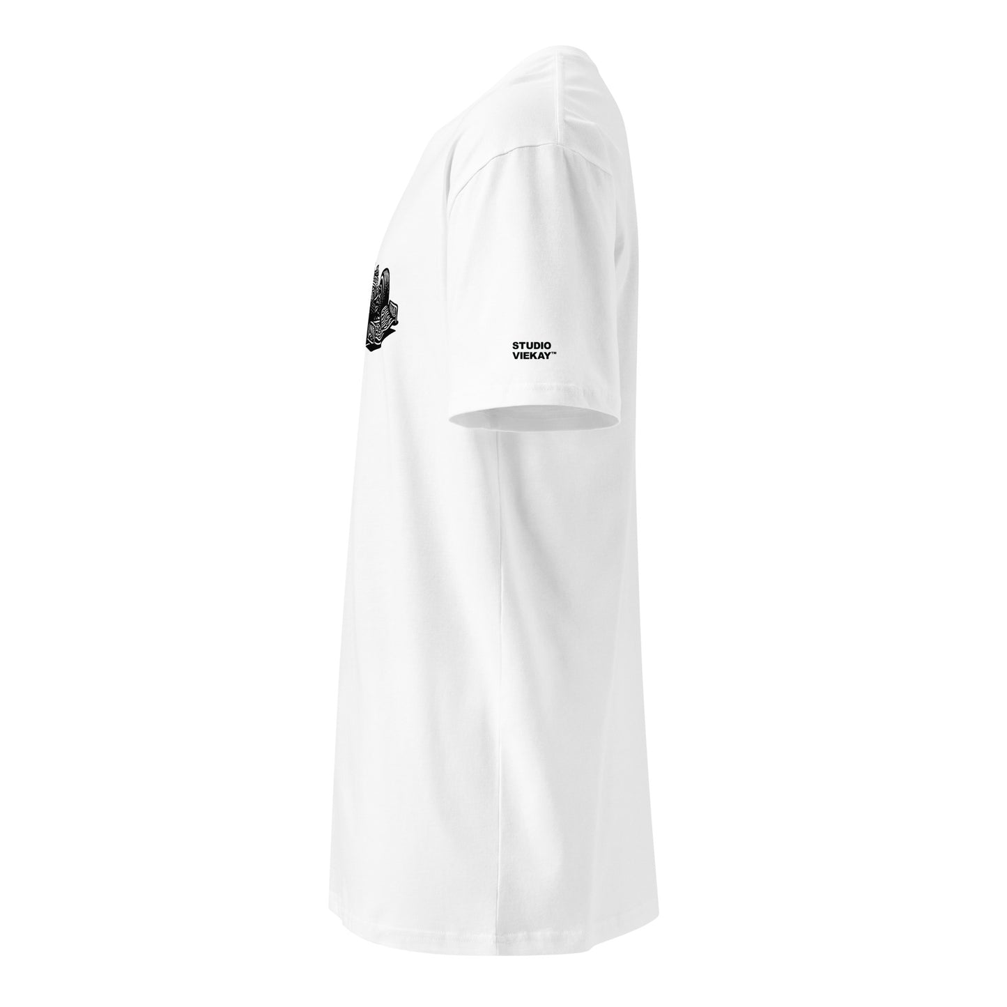 Side comp of the Studio Viekay Formula One Engraved Art Tee highlighting the sculpted profile fit and logo placement on the sleeve