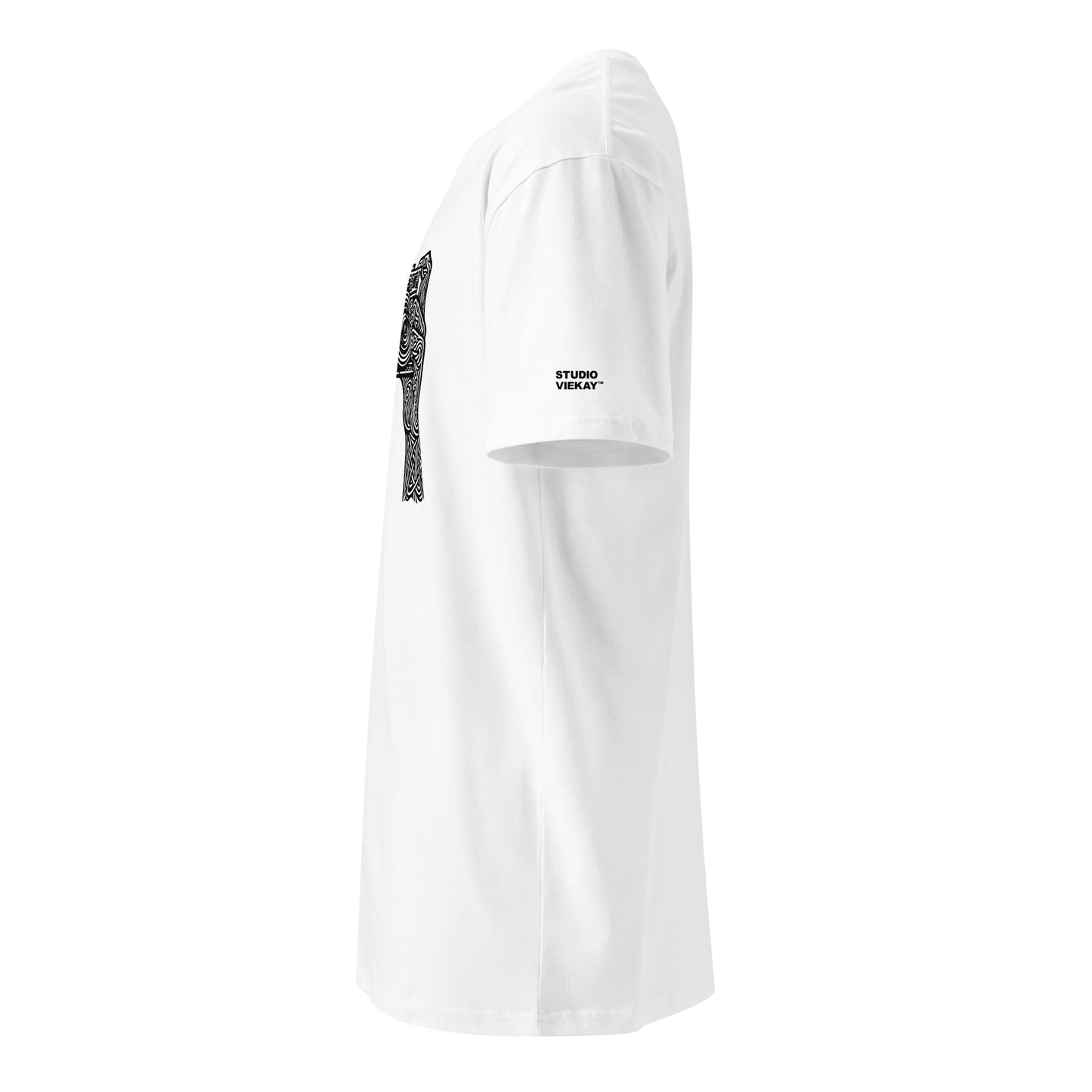 Side comp of the Studio Viekay Camera Engraved Art Tee highlighting the sculpted profile fit and logo on the sleeve