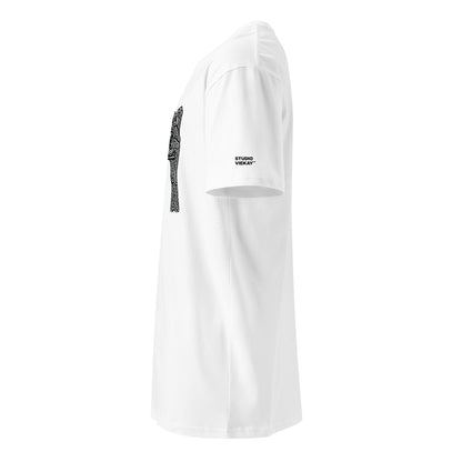 Side comp of the Studio Viekay Camera Engraved Art Tee highlighting the sculpted profile fit and logo on the sleeve