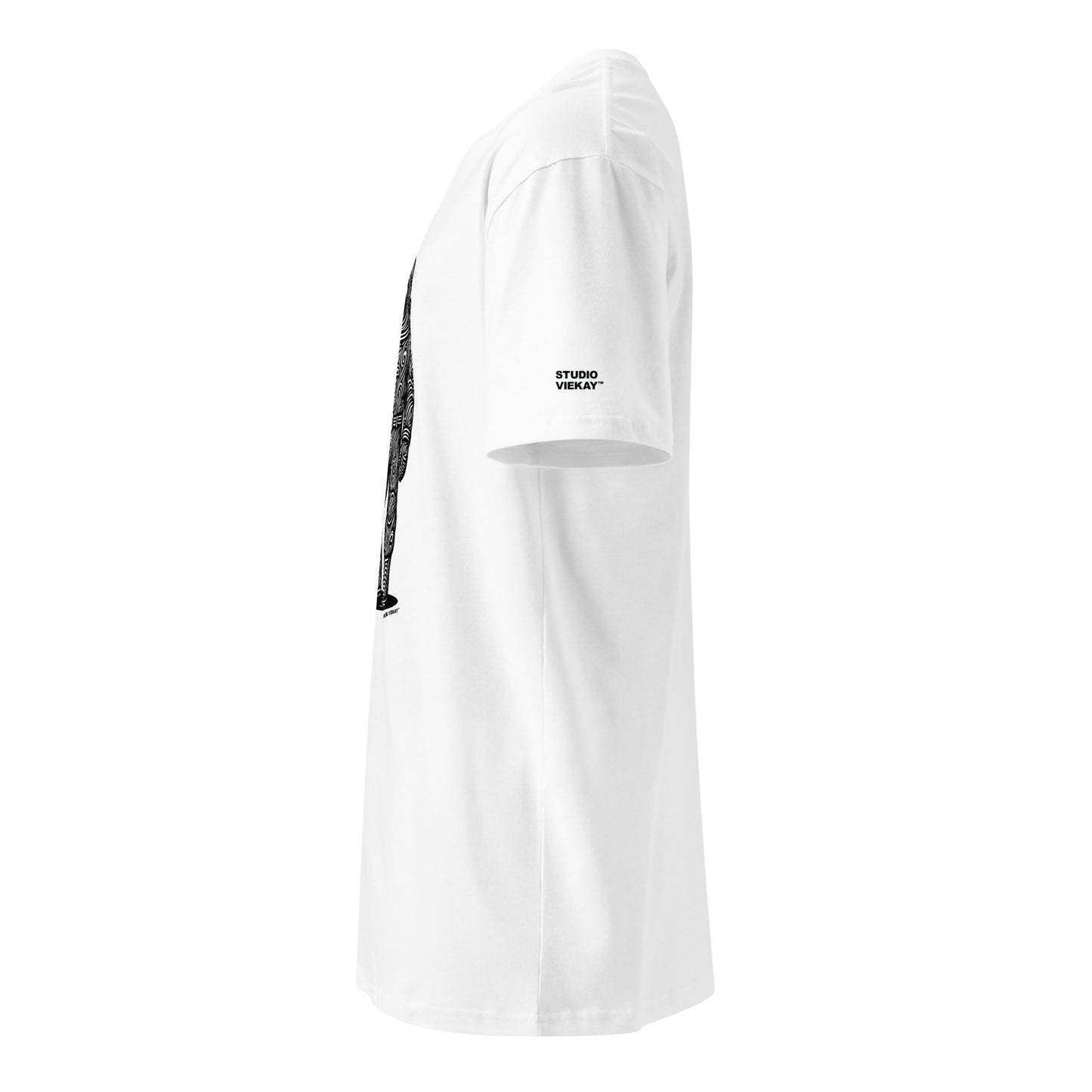 Side comp of the Studio Viekay Astronaut Engraved Art Tee highlighting the sculpted profile fit and logo placement on the sleeve