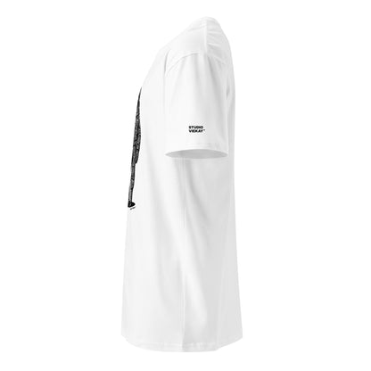 Side comp of the Studio Viekay Astronaut Engraved Art Tee highlighting the sculpted profile fit and logo placement on the sleeve