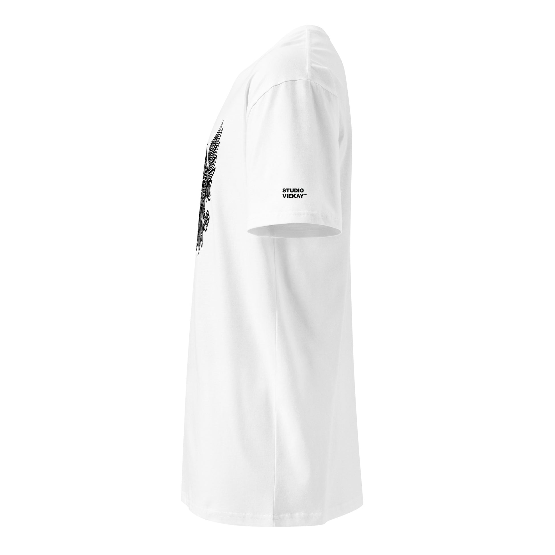 Side comp of the Studio Viekay Eagle Engraved Art Tee highlighting the sculpted profile fit and the logo above the sleeve