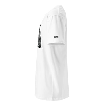 Side view angle of the Studio Viekay Motorcycle Engraved Art Tee highlighting the logo profile 