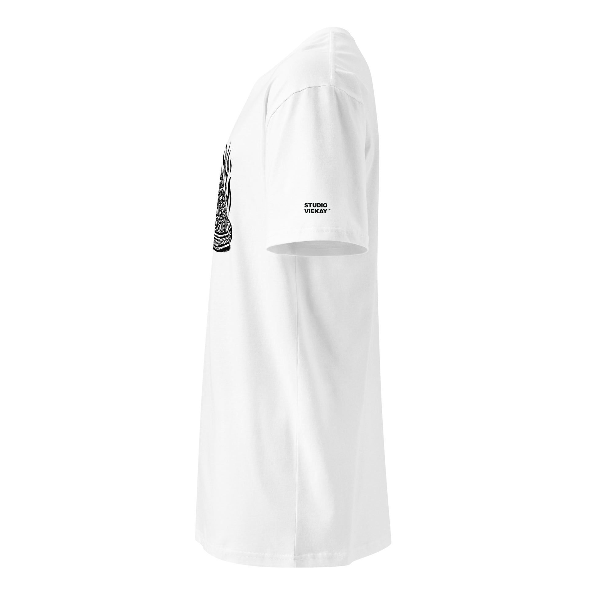 Side angle view of the Studio Viekay Flaming Sneaker Engraved Art Tee highlighting the profile logo placement and flowing carved linework