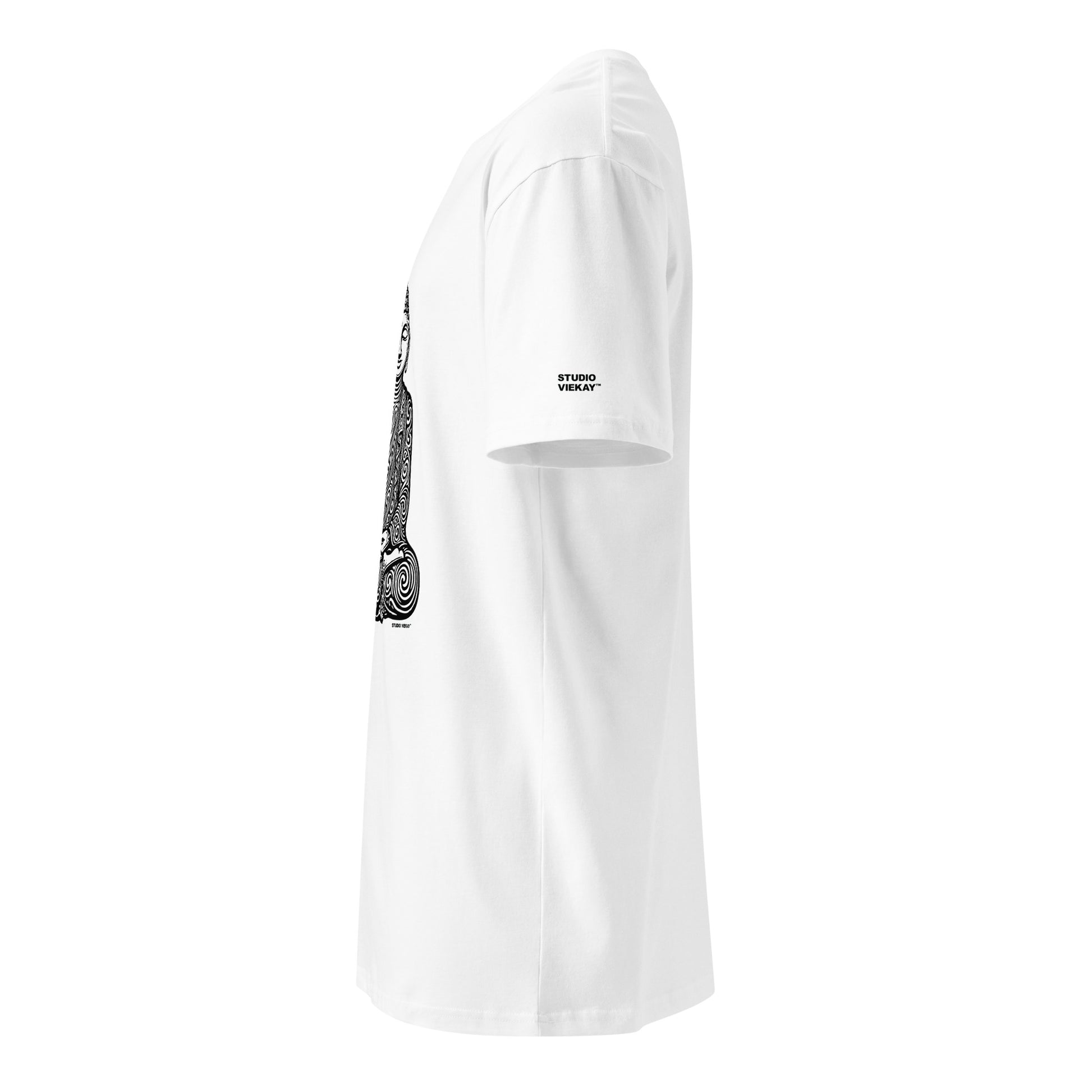 Side angle of Women’s Budha Engraved Art Standard Tee highlighting premium standard fit