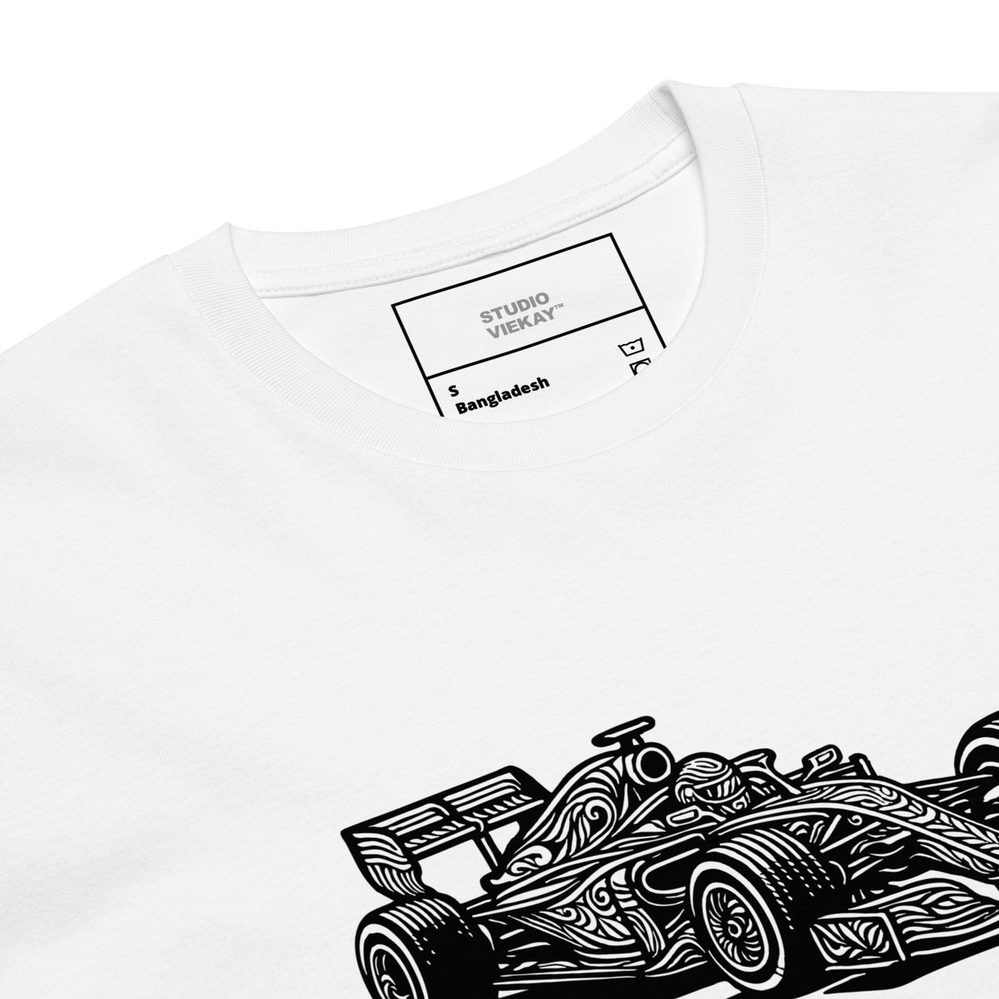 Close up comp of the Studio Viekay Formula One Engraved Art Tee showing the detailed carved black linework and premium motorcycle illustration in high contrast