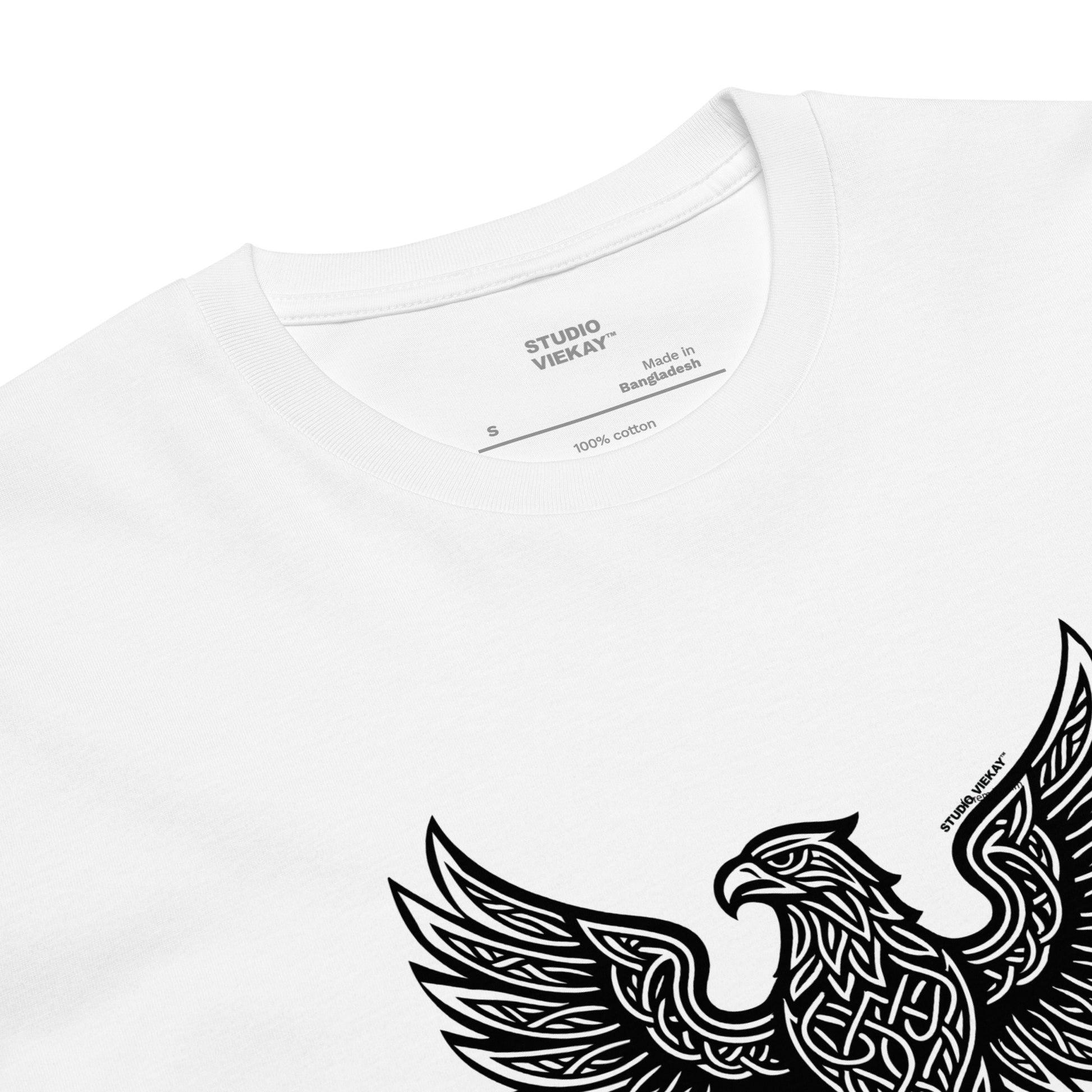 Close up comp of the Studio Viekay Eagle Engraved Art Tee showing the detailed carved black linework and premium eagle illustration in high contrast