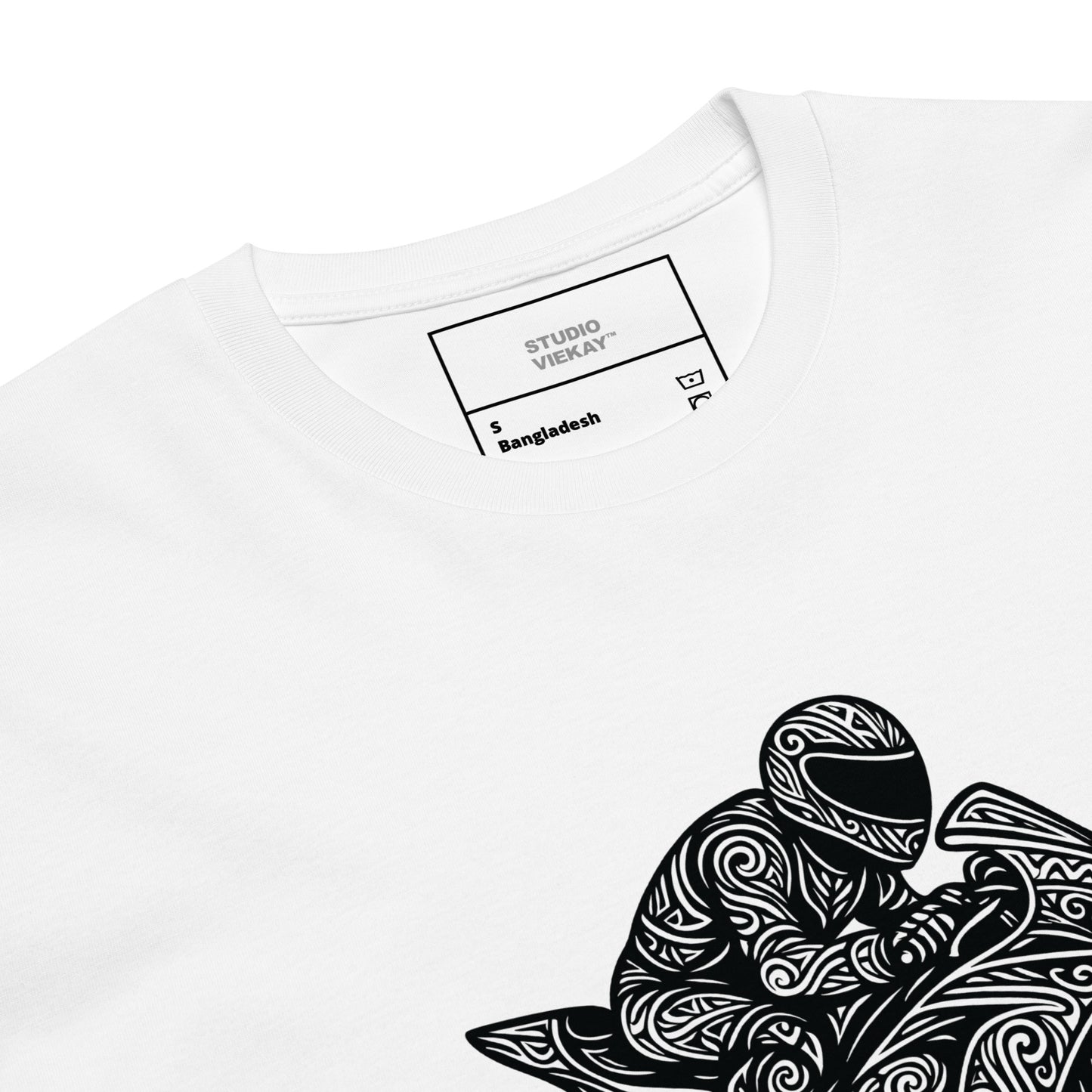 Close up of the Studio Viekay Motorcycle Engraved Art Tee showing the detailed carved black linework and premium motorcycle illustration in high contrast