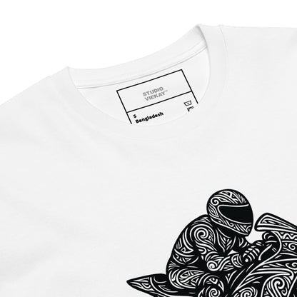 Close up of the Studio Viekay Motorcycle Engraved Art Tee showing the detailed carved black linework and premium motorcycle illustration in high contrast