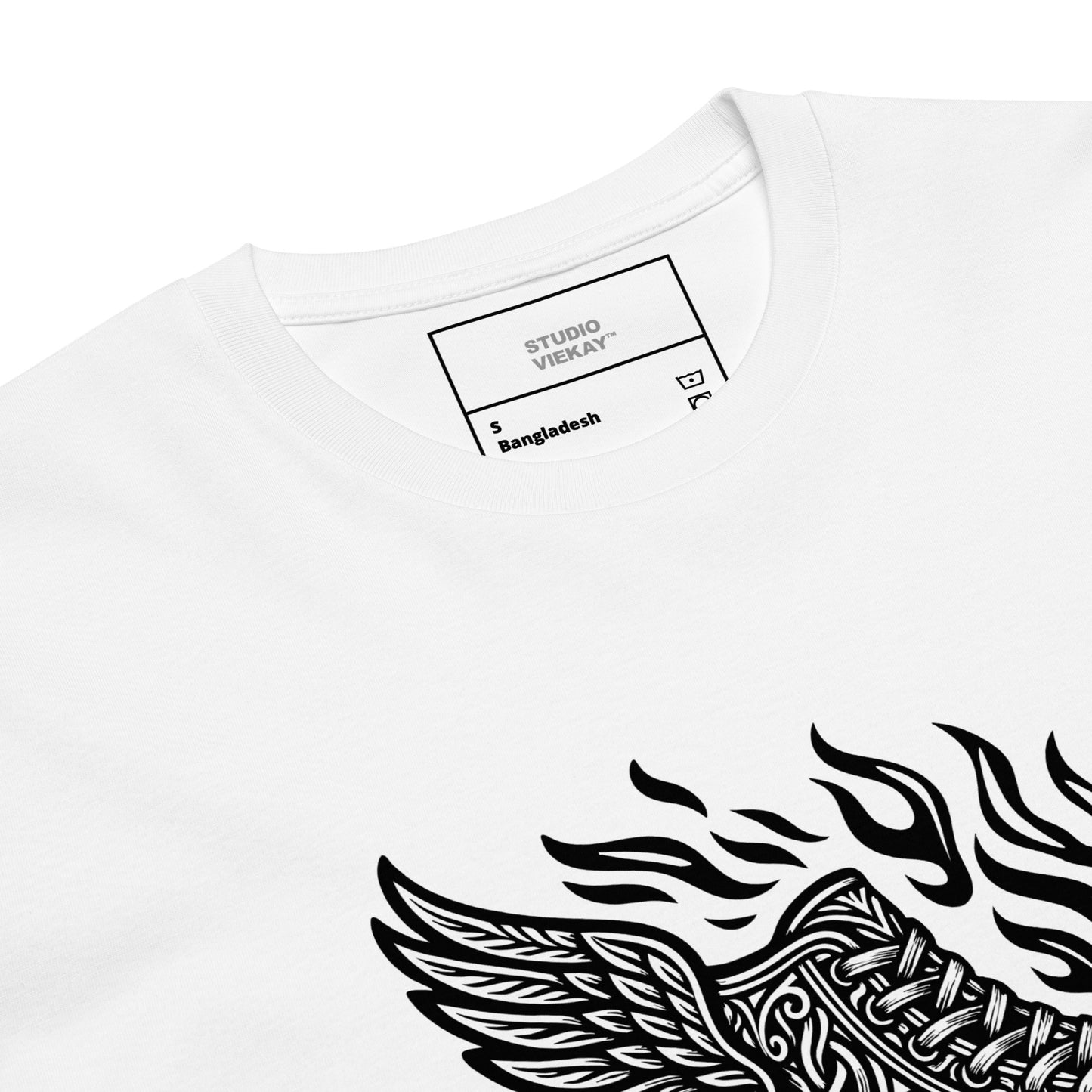 Close up of the Studio Viekay Flaming Sneaker Engraved Art Tee showing the carved black linework and detailed flaming sneaker illustration in high contrast