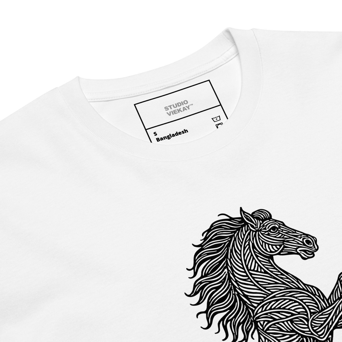 Close up of the Studio Viekay Stallion Engraved Art Tee showing the detailed carved black linework and premium stallion illustration in high contrast