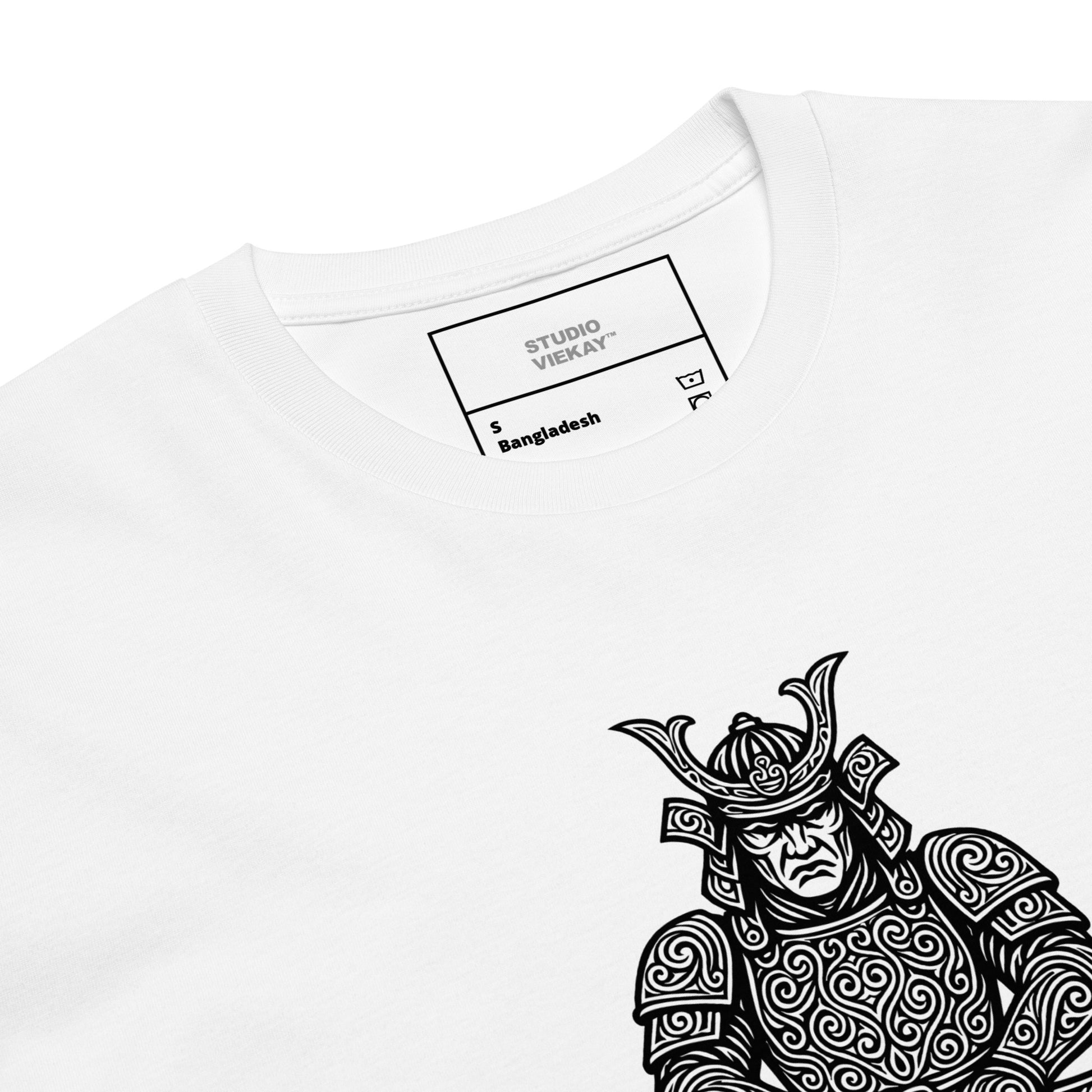 Close up of the Studio Viekay Samurai Engraved Art Tee highlighting the carved black linework and detailed samurai illustration in high contrast