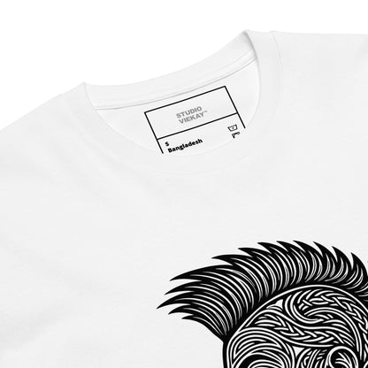 Close up of Punk Head engraved black and white artwork on women’s tee