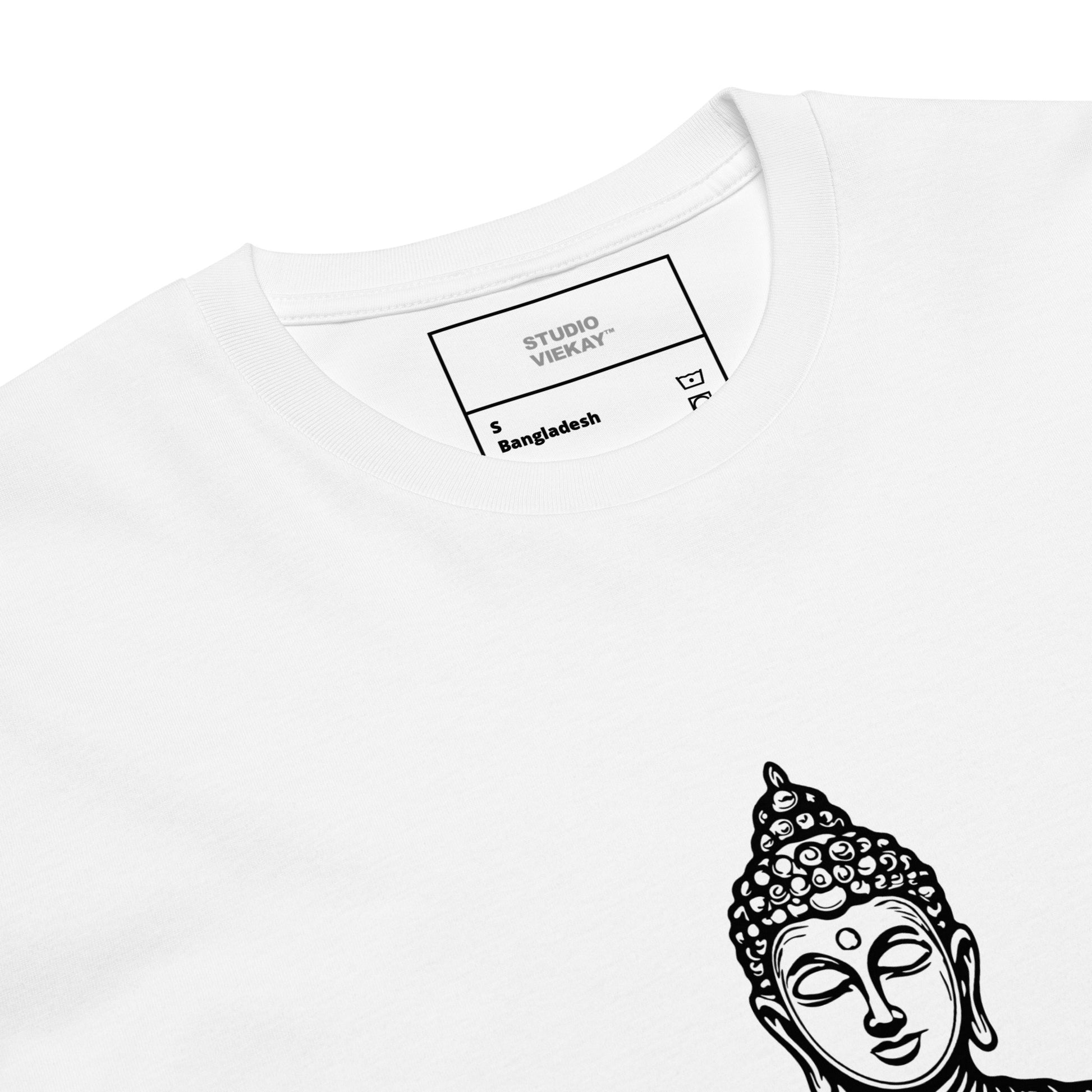 Close up of Budha engraved black and white artwork on women’s tee